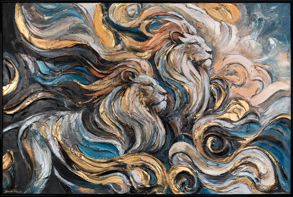 The painting "Dynasty of Power" is an abstraction with lions and dynamics of forms
