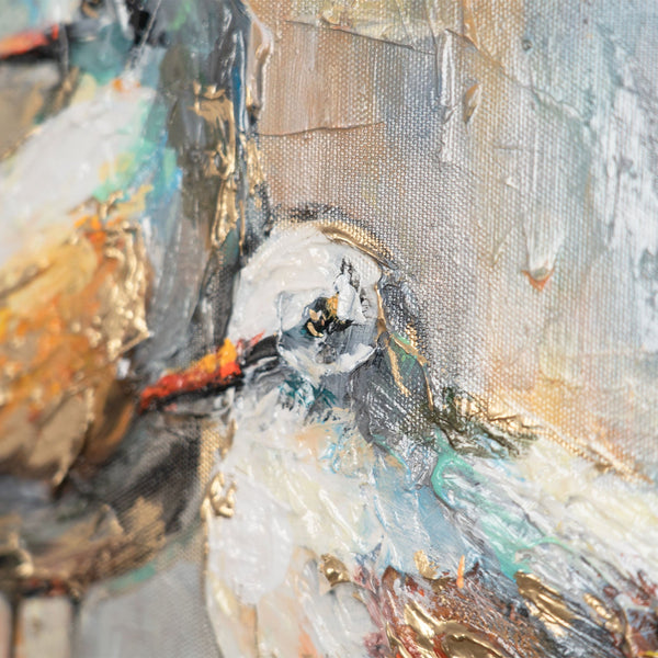 The painting "Coastal Harmony" is a seascape with a flock of birds