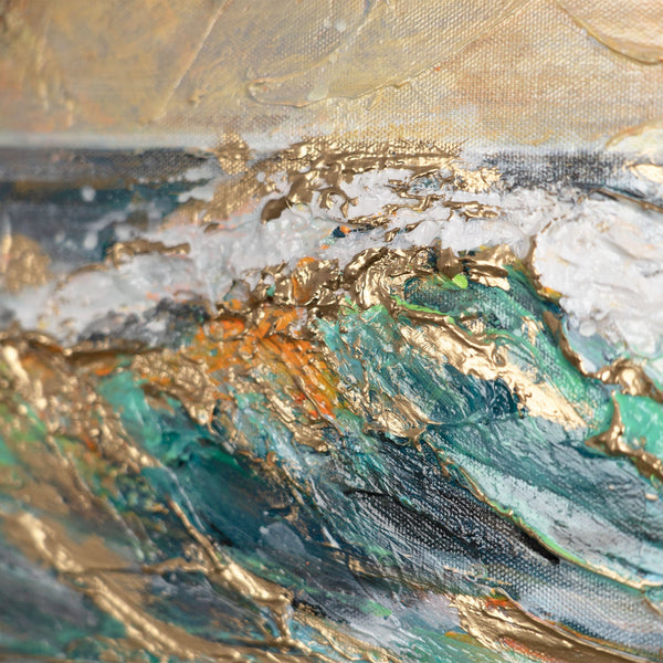 The painting "Coastal Harmony" is a seascape with a flock of birds