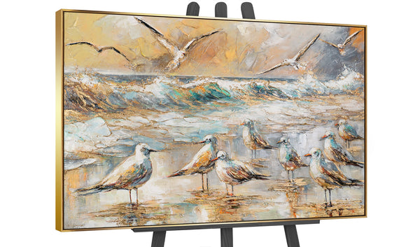 The painting "Coastal Harmony" is a seascape with a flock of birds