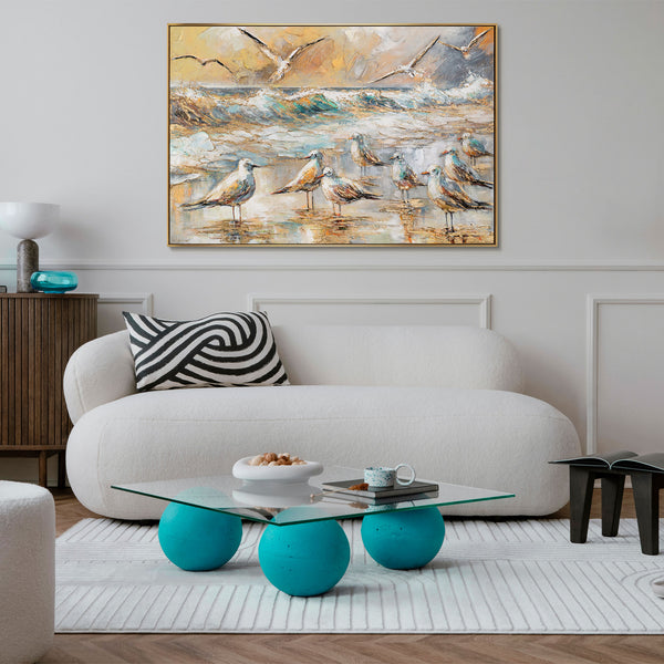 The painting "Coastal Harmony" is a seascape with a flock of birds