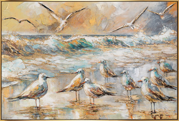 The painting "Coastal Harmony" is a seascape with a flock of birds