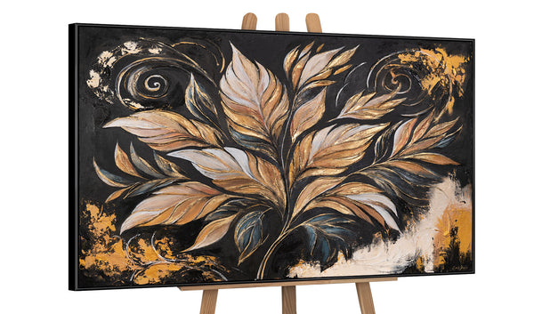 The painting "Golden Leaves" is a luxurious floral abstraction