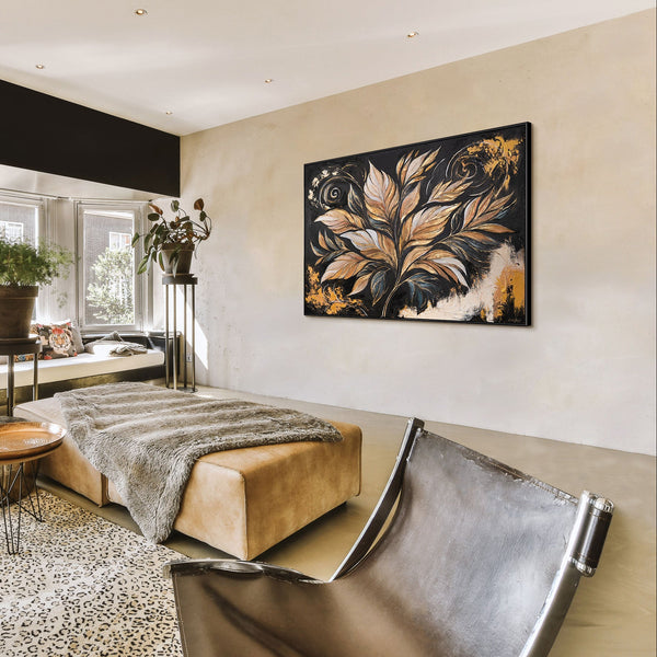 The painting "Golden Leaves" is a luxurious floral abstraction