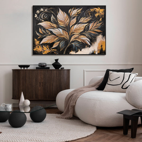The painting "Golden Leaves" is a luxurious floral abstraction