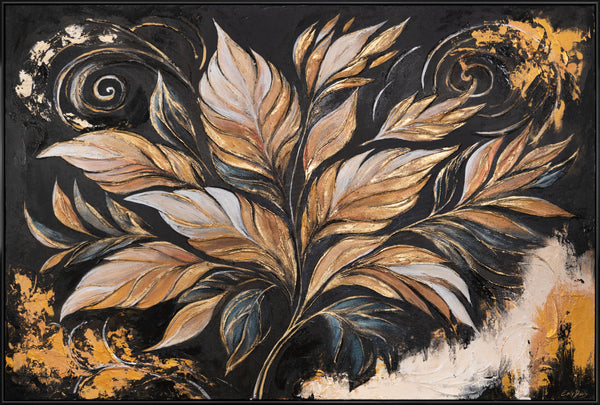 The painting "Golden Leaves" is a luxurious floral abstraction