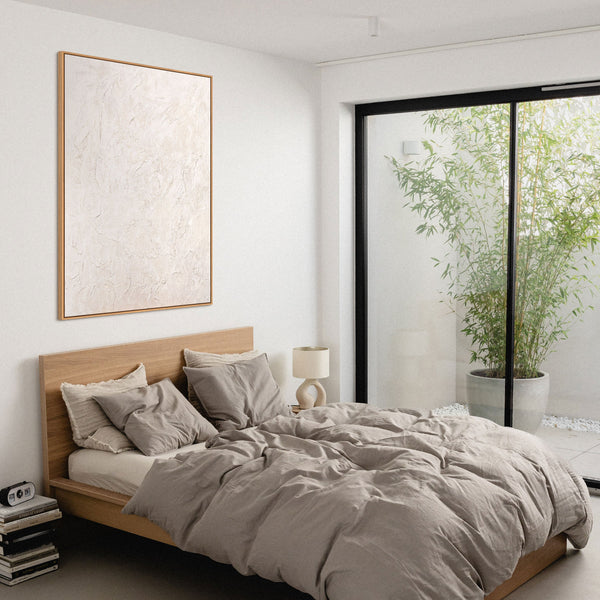 The painting "Surface Calm" is a textural abstraction in warm tones.