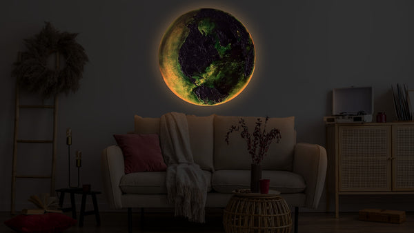 The painting "Pulse of the Planet" is a round art canvas with a textured relief and a fiery glow