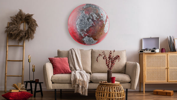 The painting "Pulse of the Planet" is a round art canvas with a textured relief and a fiery glow
