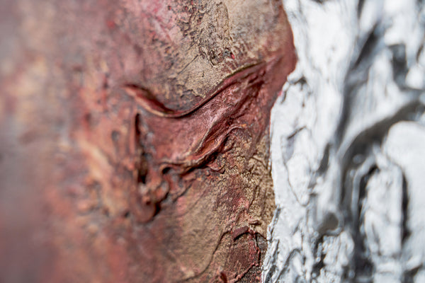 The painting "Pulse of the Planet" is a round art canvas with a textured relief and a fiery glow
