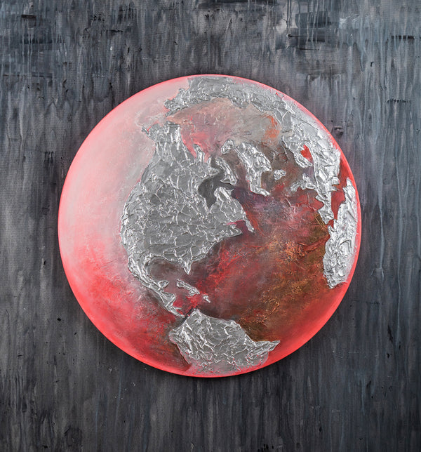 The painting "Pulse of the Planet" is a round art canvas with a textured relief and a fiery glow