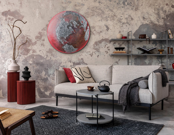 The painting "Pulse of the Planet" is a round art canvas with a textured relief and a fiery glow
