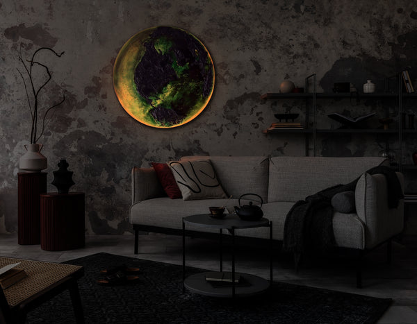 The painting "Pulse of the Planet" is a round art canvas with a textured relief and a fiery glow