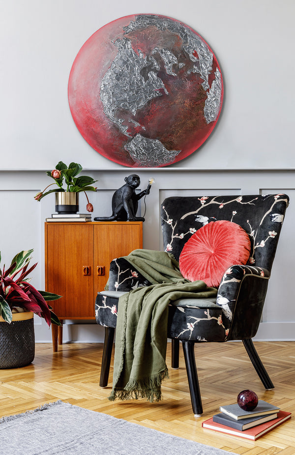 The painting "Pulse of the Planet" is a round art canvas with a textured relief and a fiery glow