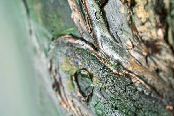 The painting "Green Orbit" is a round textured canvas with a natural character and a glowing effect
