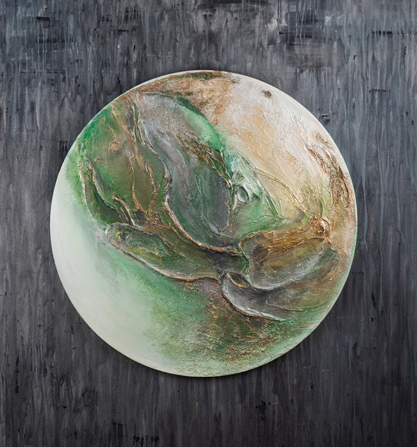 The painting "Green Orbit" is a round textured canvas with a natural character and a glowing effect