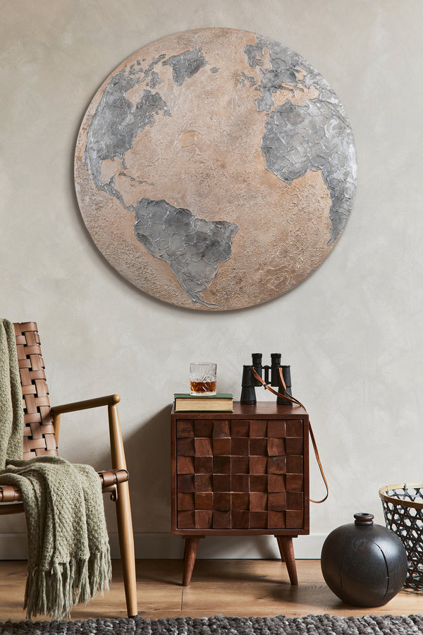 Painting "Planet in Relief" - a round textured panel with a night glow