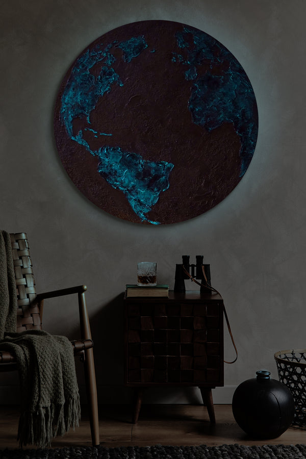 Painting "Planet in Relief" - a round textured panel with a night glow
