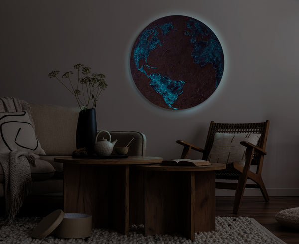 Painting "Planet in Relief" - a round textured panel with a night glow