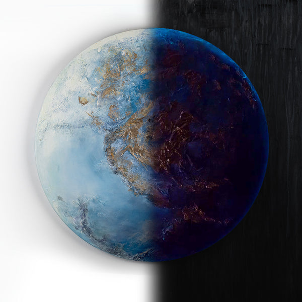 The painting "Sphere of the Earth" is a round textural installation with the effect of changing day and night.