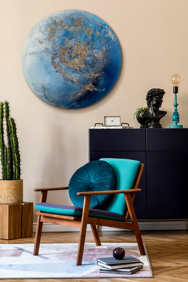 The painting "Sphere of the Earth" is a round textural installation with the effect of changing day and night.