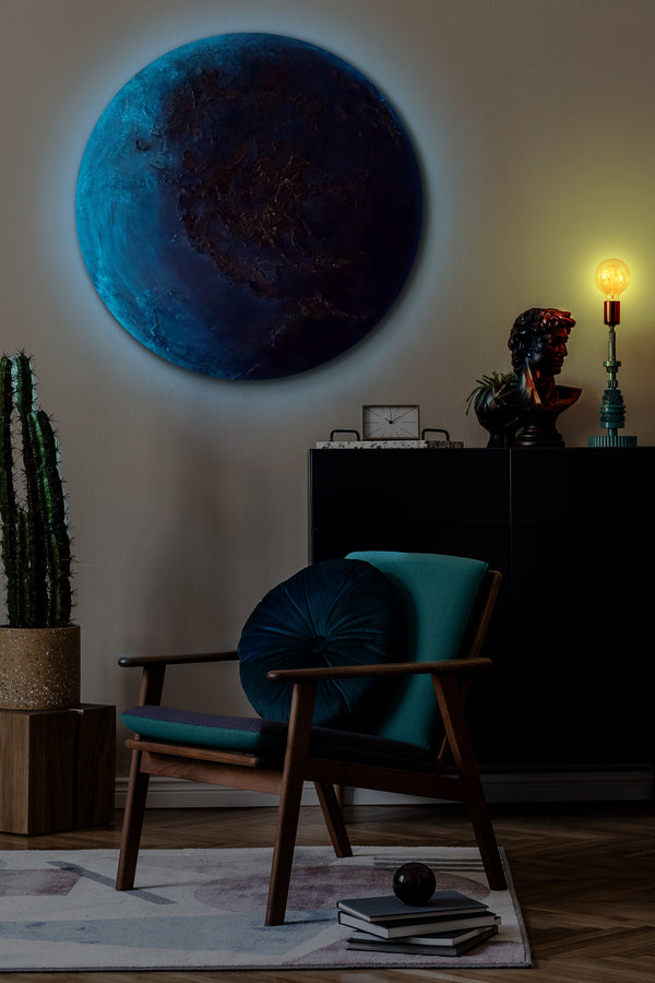 The painting "Sphere of the Earth" is a round textural installation with the effect of changing day and night.