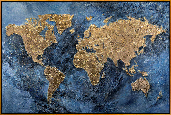 The painting "Golden Map of the World" is an abstract geographical composition with neon lighting