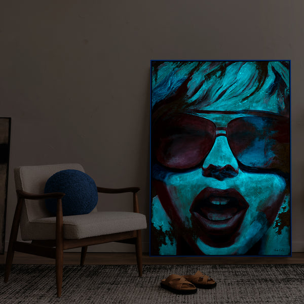 The painting "Bright Emotions" is a fluorescent portrait in a neon style