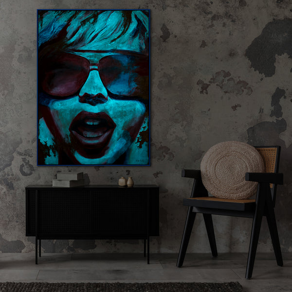 The painting "Bright Emotions" is a fluorescent portrait in a neon style