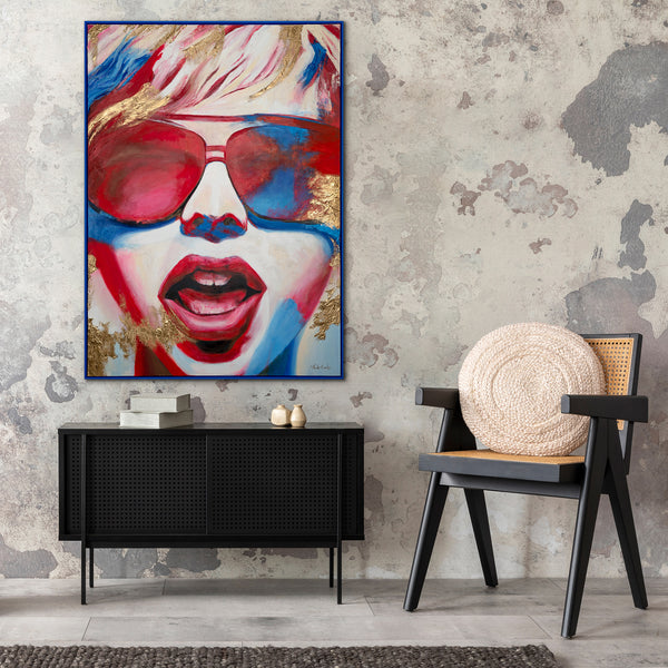 The painting "Bright Emotions" is a fluorescent portrait in a neon style