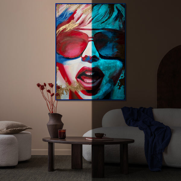 The painting "Bright Emotions" is a fluorescent portrait in a neon style
