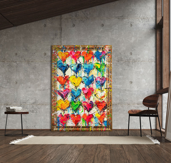 The painting "Hearts" is a modern abstraction with elements of pop art.