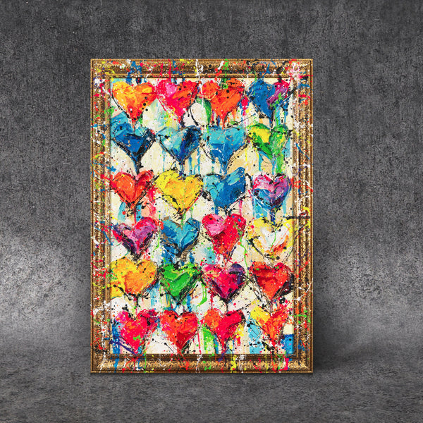 The painting "Hearts" is a modern abstraction with elements of pop art.