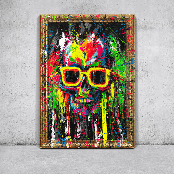 The painting "Skull in Neon" is a modern street art canvas with neon splashes
