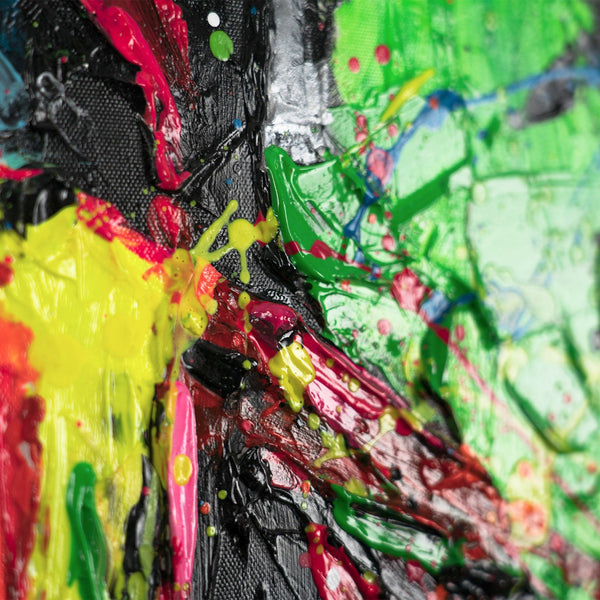 The painting "Skull in Neon" is a modern street art canvas with neon splashes