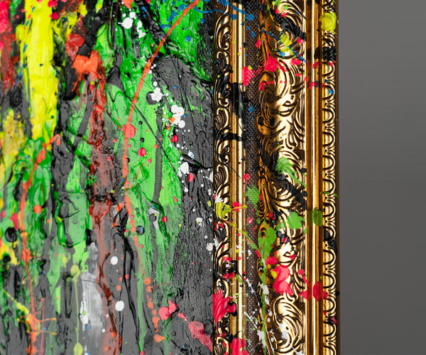 The painting "Skull in Neon" is a modern street art canvas with neon splashes