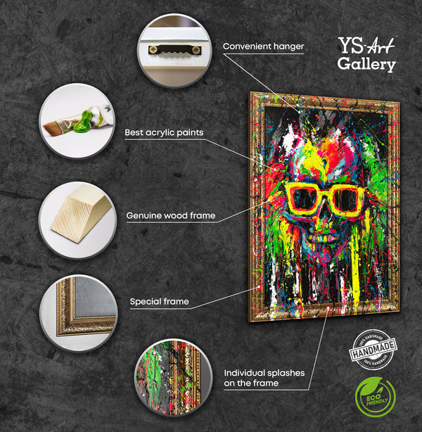 The painting "Skull in Neon" is a modern street art canvas with neon splashes
