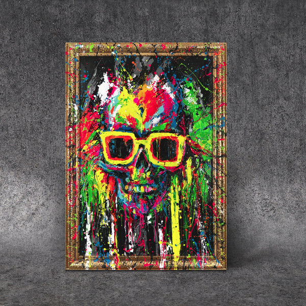 The painting "Skull in Neon" is a modern street art canvas with neon splashes