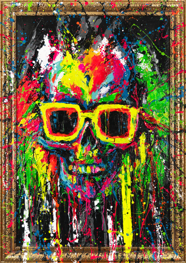The painting "Skull in Neon" is a modern street art canvas with neon splashes