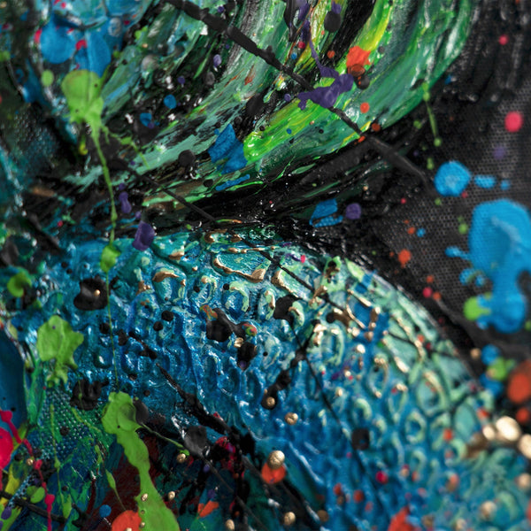 The painting "Medusa in Neon" is a pop art portrait with elements of street art.