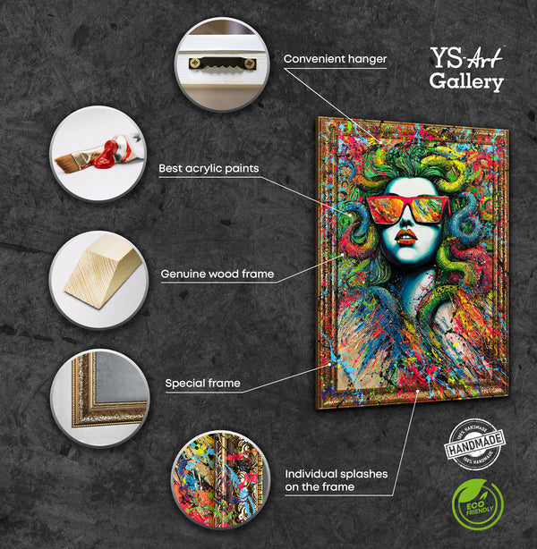 The painting "Medusa in Neon" is a pop art portrait with elements of street art.