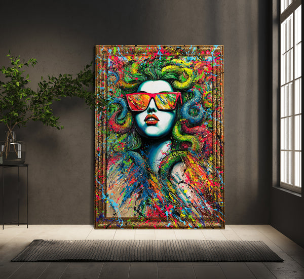 The painting "Medusa in Neon" is a pop art portrait with elements of street art.