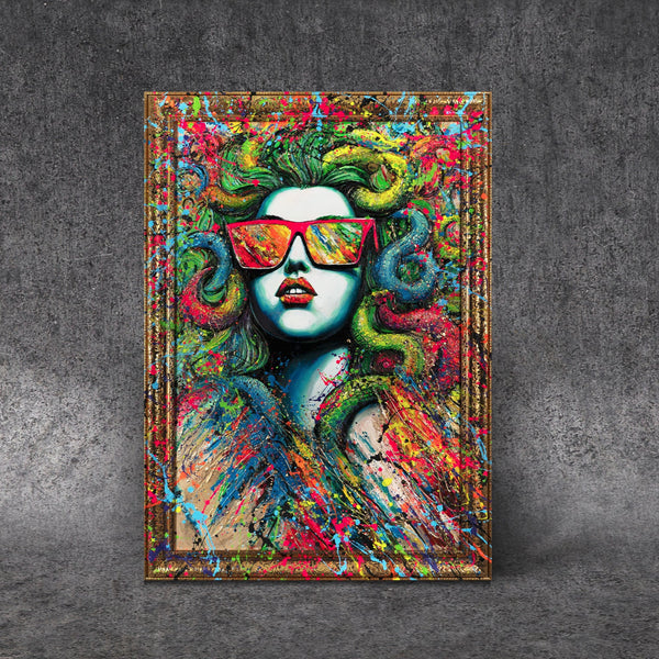 The painting "Medusa in Neon" is a pop art portrait with elements of street art.