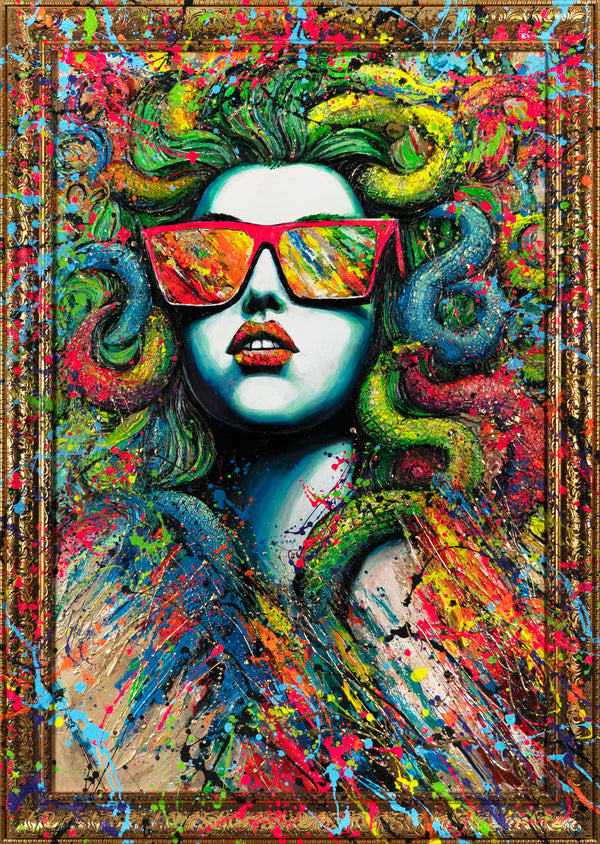 The painting "Medusa in Neon" is a pop art portrait with elements of street art.
