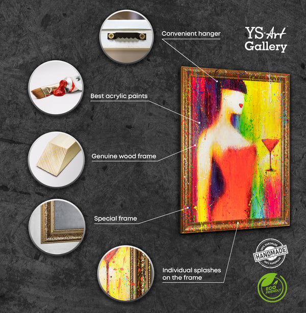 The painting "Cocktail" is an abstract female image in a neon palette
