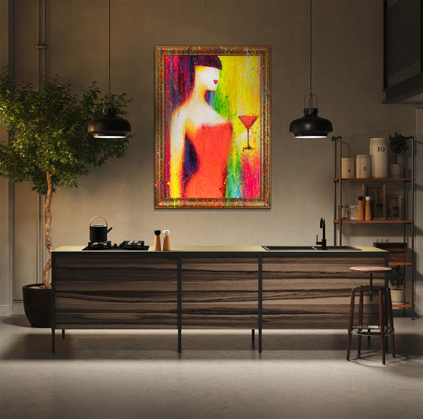 The painting "Cocktail" is an abstract female image in a neon palette
