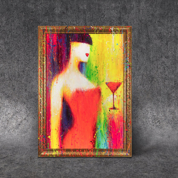 The painting "Cocktail" is an abstract female image in a neon palette