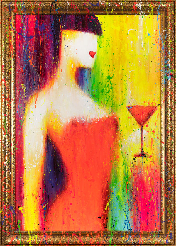 The painting "Cocktail" is an abstract female image in a neon palette
