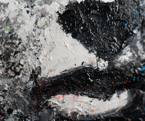 The painting "Explosion of Thoughts" is an abstract portrait in a black and white palette with color accents
