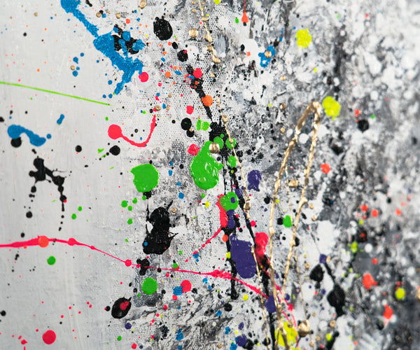 The painting "Explosion of Thoughts" is an abstract portrait in a black and white palette with color accents